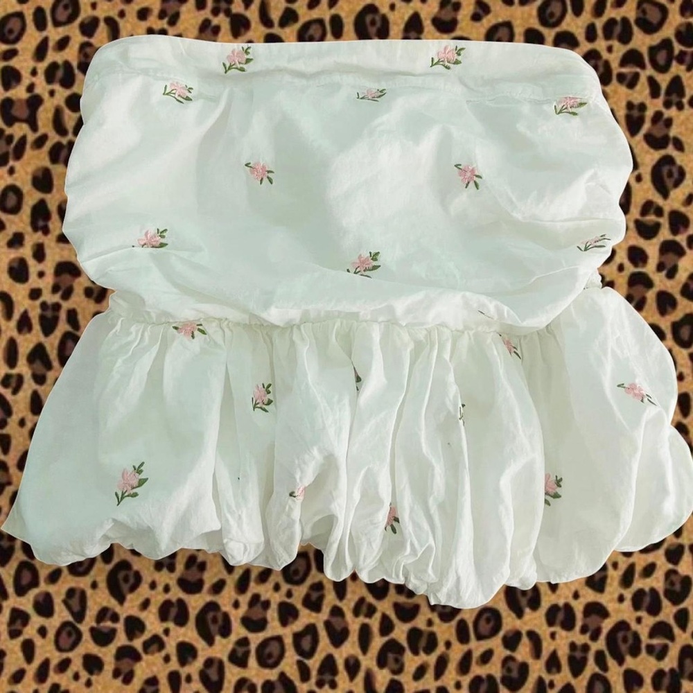 One Clothing LA Floral Bubble Tube Top 💐🌻🌼| White Pink Ruffle Peplum | Size S